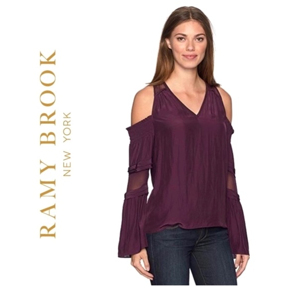Ramy Brook Wine/ Merlot Cold Shoulder Silk Blend Blouse - Picture 3 of 12